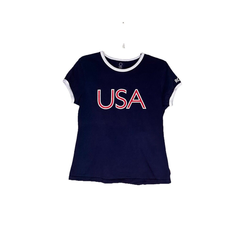 Y2K USA Olympics 2004 Athens Roots Ringer Vintage Tee Navy Red White Size M